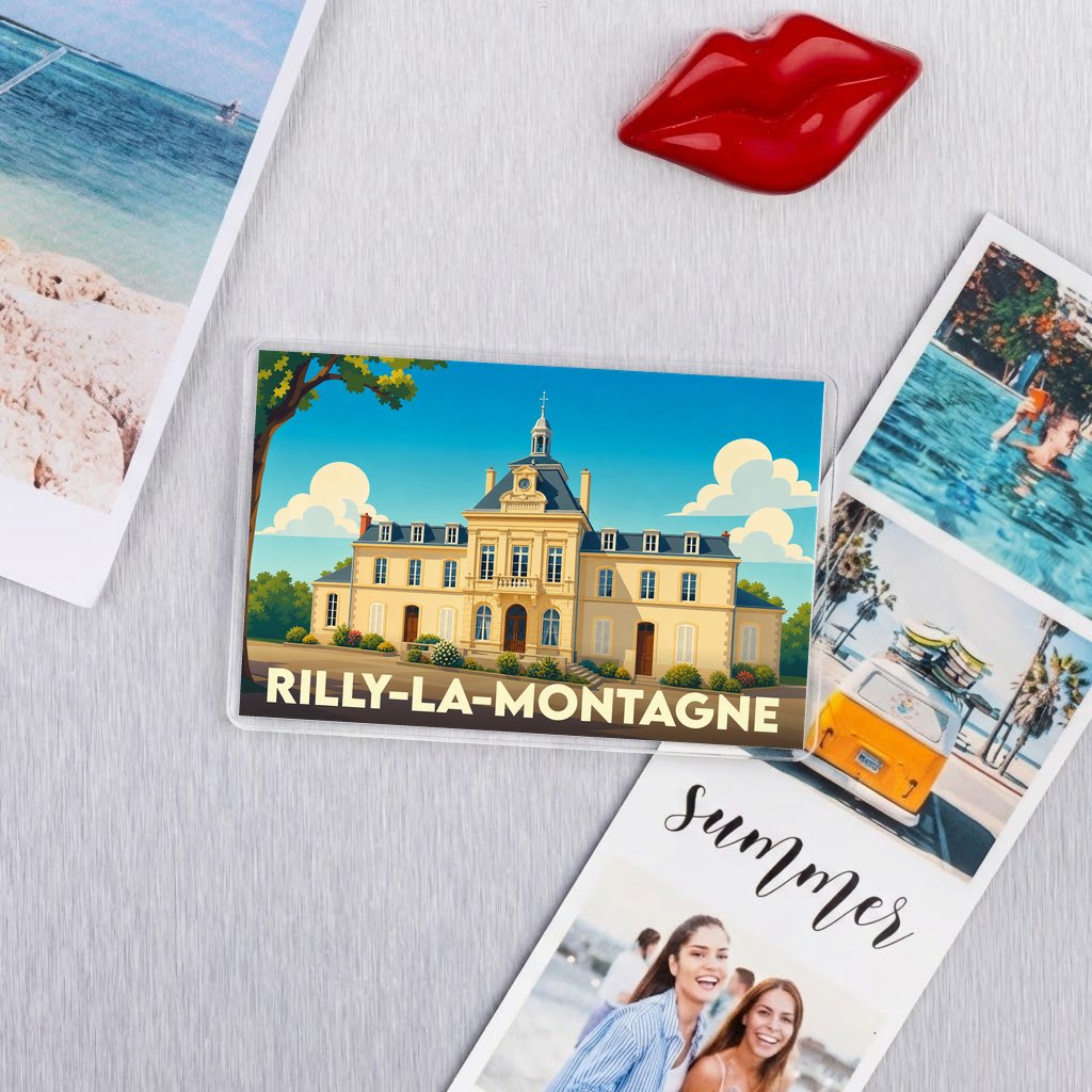 Magnet souvenir de la ville de Rilly-la-Montagne illustrant un bâtiment classique sous un ciel d'été.