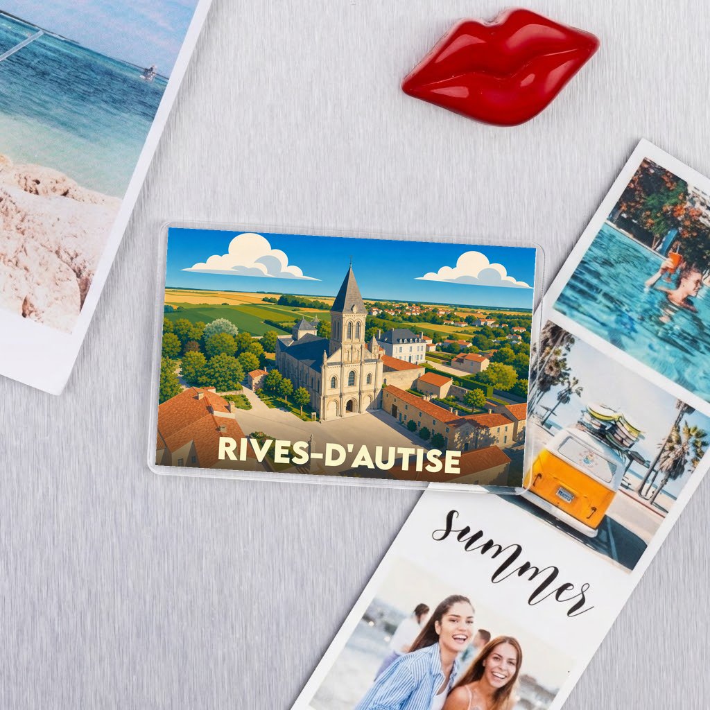 Magnet souvenir de la ville de Rives-d'Autise avec une illustration stylisée de son église et du paysage environnant.