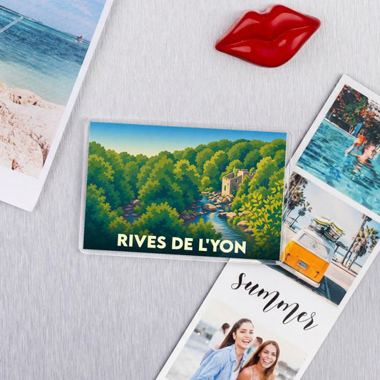 Magnet souvenir de la ville de Rives de l'Yon avec une illustration stylisée d'un paysage naturel.