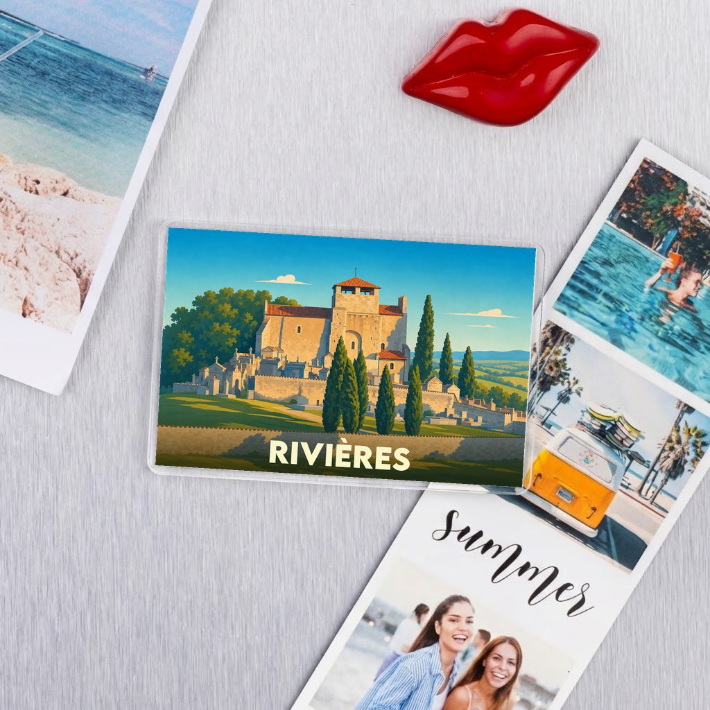 Magnet souvenir de la ville de Rivières avec une illustration stylisée.