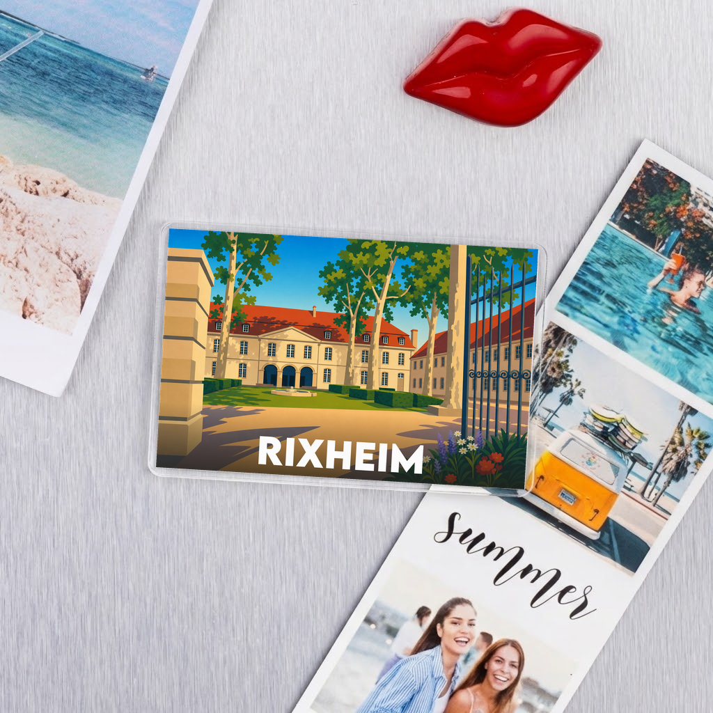 Magnet souvenir de la ville de Rixheim avec une illustration stylisée d'un bâtiment historique.