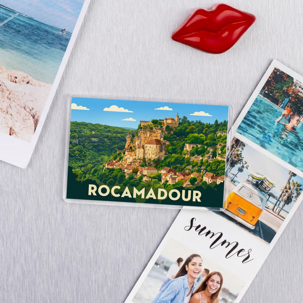 Magnet souvenir de la ville de Rocamadour avec une illustration stylisée.