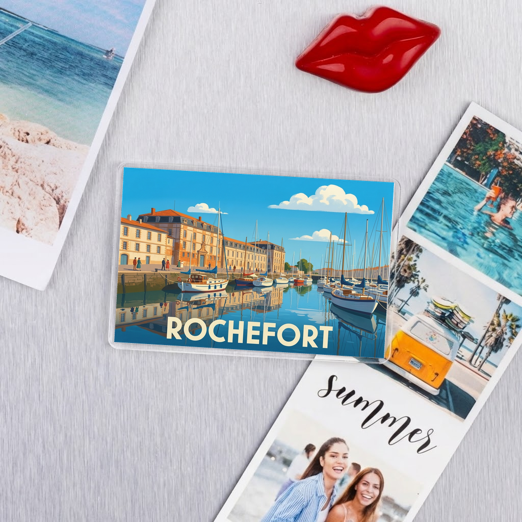 Magnet souvenir de la ville de Rochefort avec une illustration stylisée de son port.