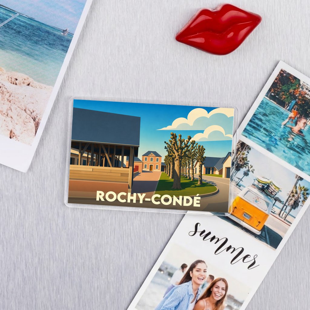 Magnet souvenir de la ville de Rochy-Condé avec une illustration stylisée.