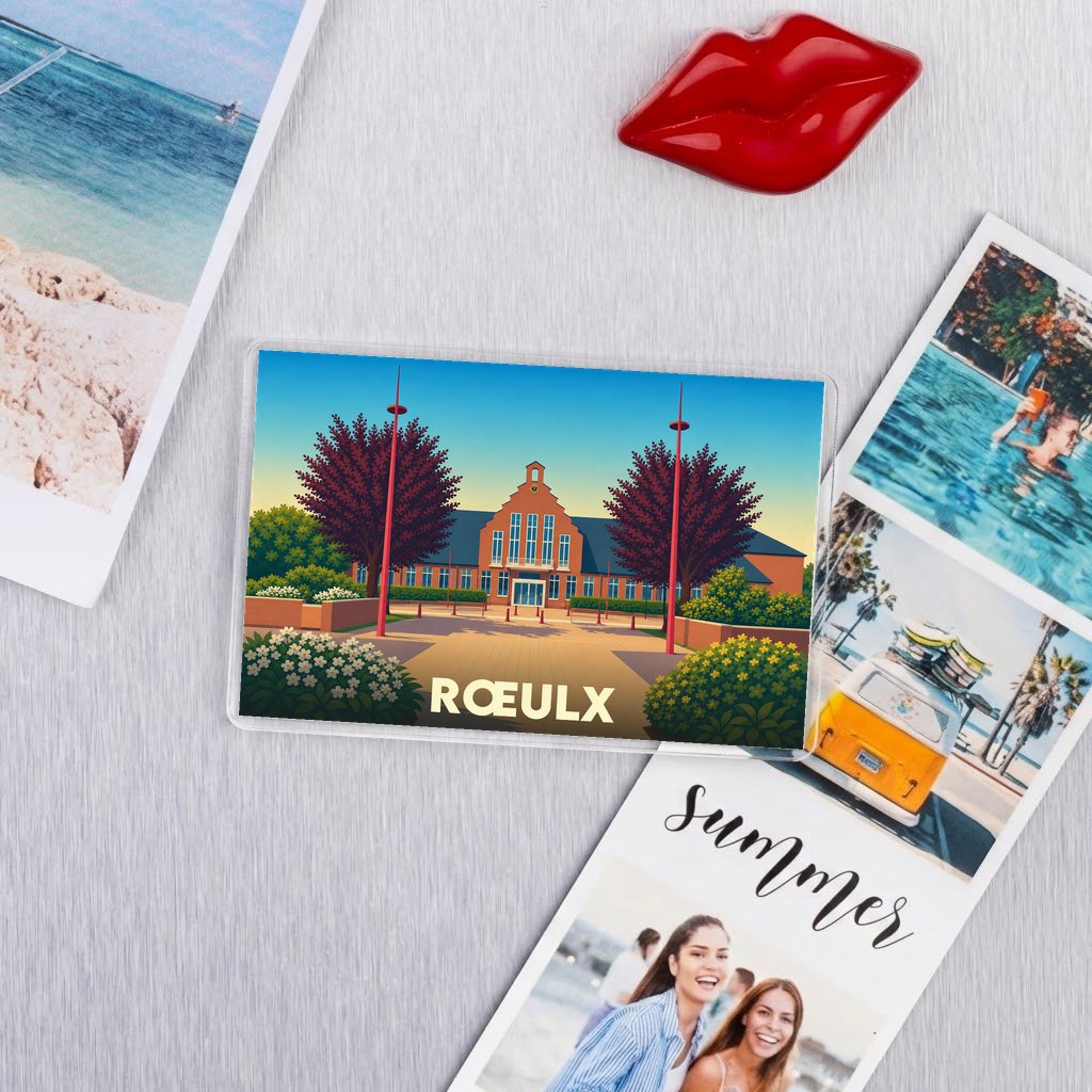 Magnet souvenir de la ville de Rœulx illustré avec son hôtel de ville dans un style épuré.