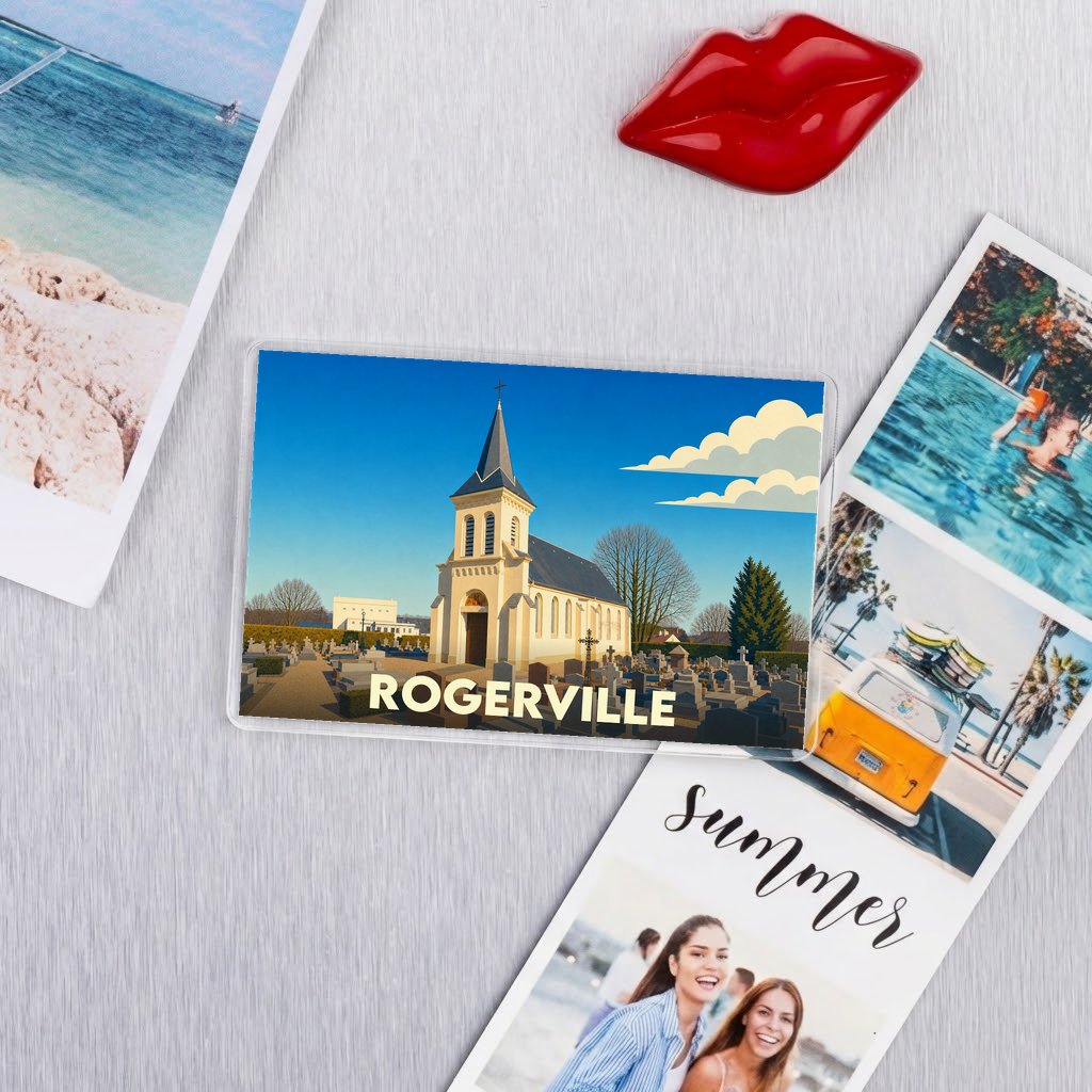 Magnet souvenir de la ville de Rogerville avec une illustration stylisée de son église.