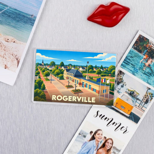 Magnet souvenir de la ville de Rogerville avec une illustration colorée et stylisée.