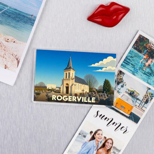 Magnat souvenir de la ville de Rogerville avec une illustration stylisée de son église et de son cimetière.