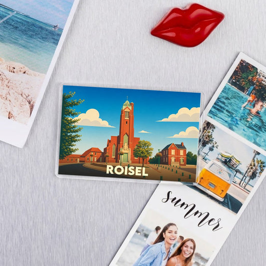 Magnet souvenir de la ville de Roisel avec une illustration stylisée.