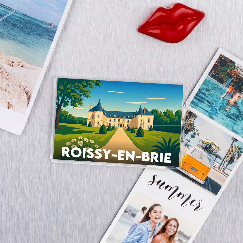 Magnet souvenir de la ville de Roissy-en-Brie avec une illustration stylisée d'un château.