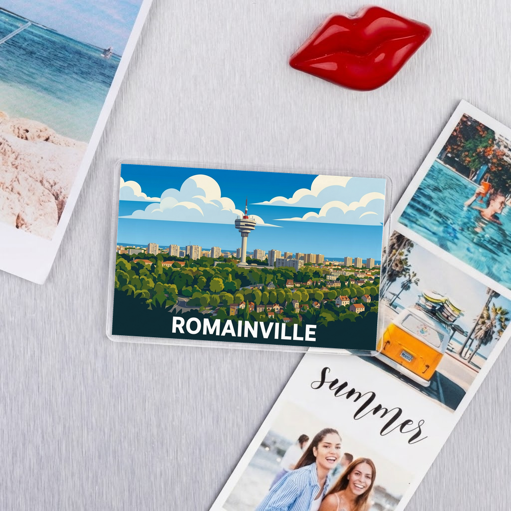 Magnet souvenir de la ville de Romainville avec une illustration stylisée de son paysage urbain.