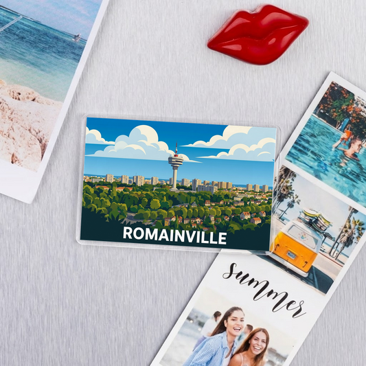 Magnet souvenir de la ville de Romainville avec une illustration stylisée de son paysage urbain.