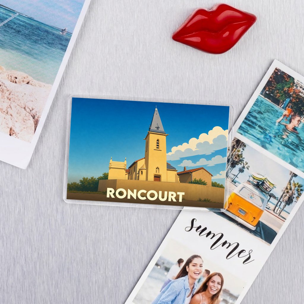 Magnet souvenir de la ville de Roncourt avec une illustration stylisée de son église.
