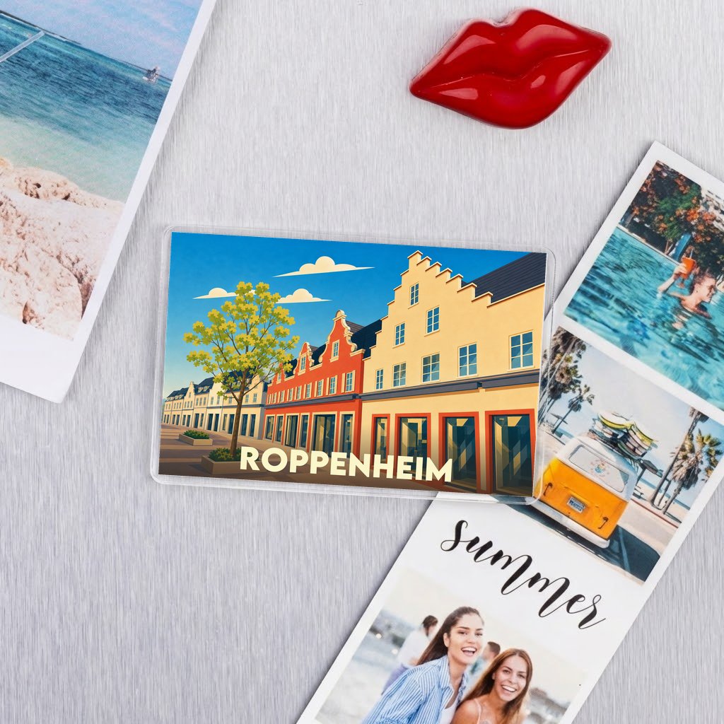 Magnet souvenir de la ville de Roppenheim avec une illustration colorée et stylisée.