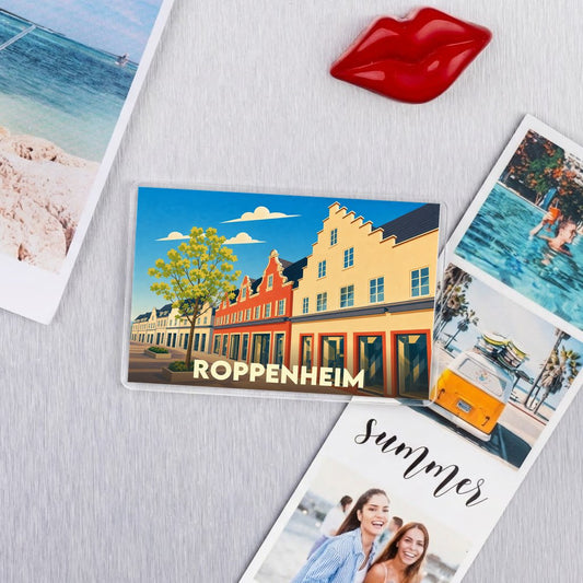 Magnet souvenir de la ville de Roppenheim avec une illustration colorée et stylisée.