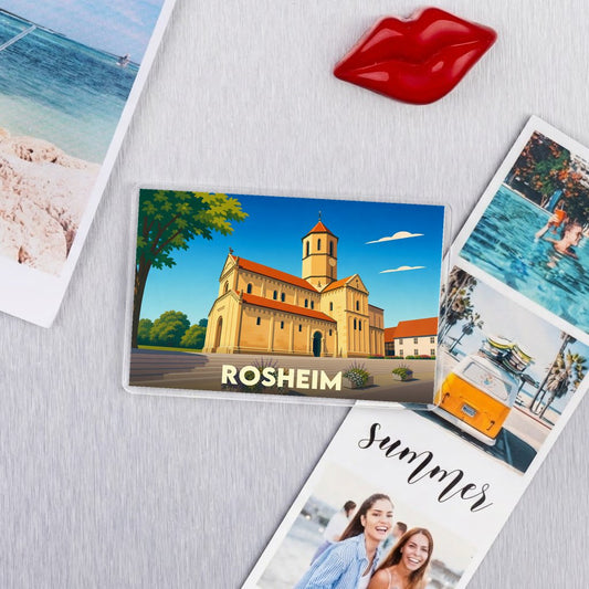 Magnet souvenir de la ville de Rosheim avec une illustration stylisée de son église romane.