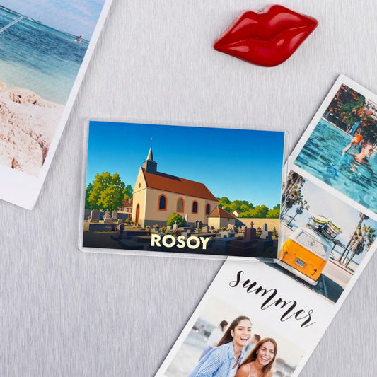 Magnet souvenir de la ville de Rosoy avec une illustration stylisée de son église et de son cimetière.
