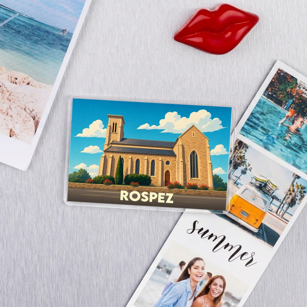Magnet souvenir de la ville de Rospez avec une illustration stylisée de son église.