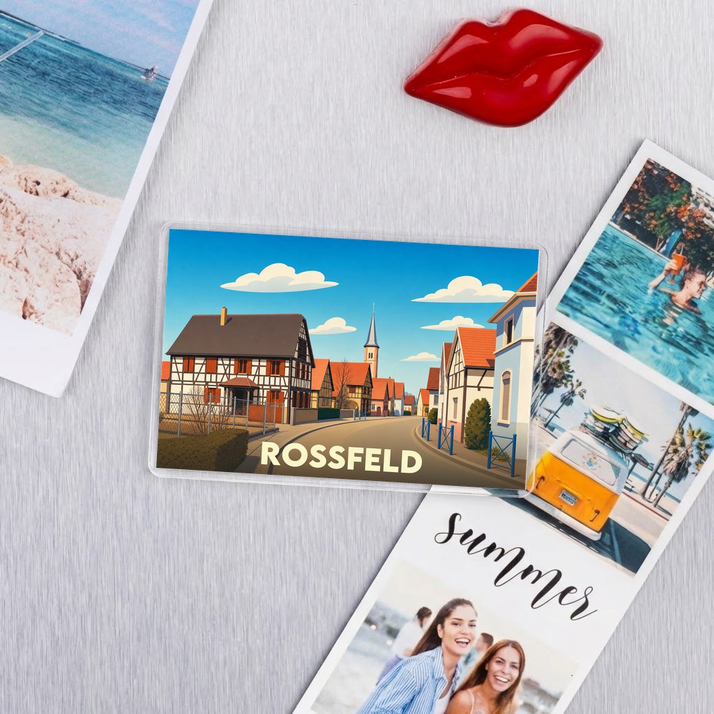 Magnet souvenir de la ville de Rossfeld avec une illustration stylisée.