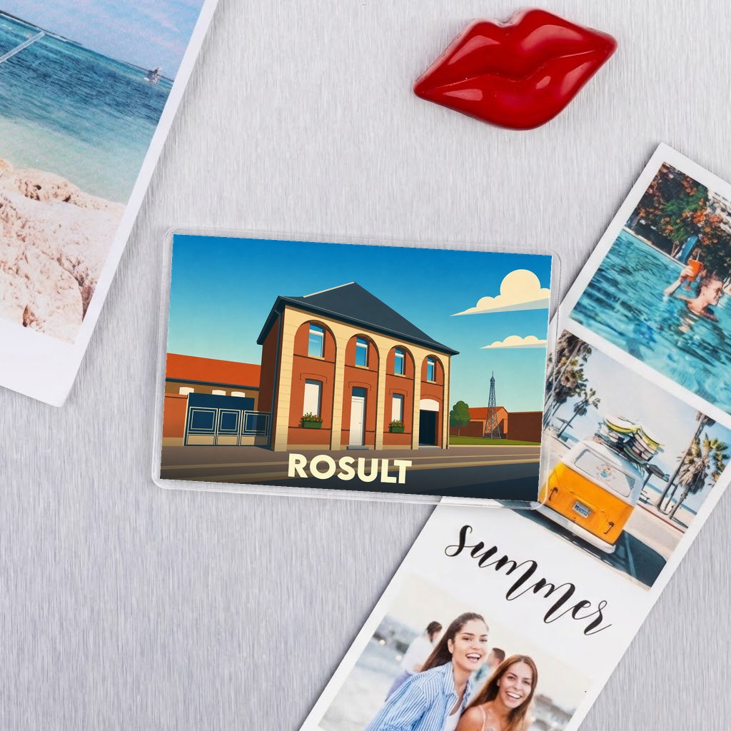 Magnet souvenir de la ville de Rosult avec une illustration stylisée de sa mairie.