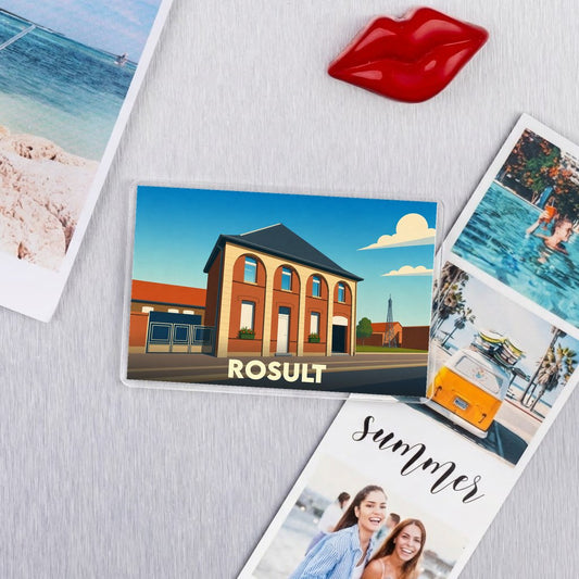 Magnet souvenir de la ville de Rosult avec une illustration stylisée de sa mairie.
