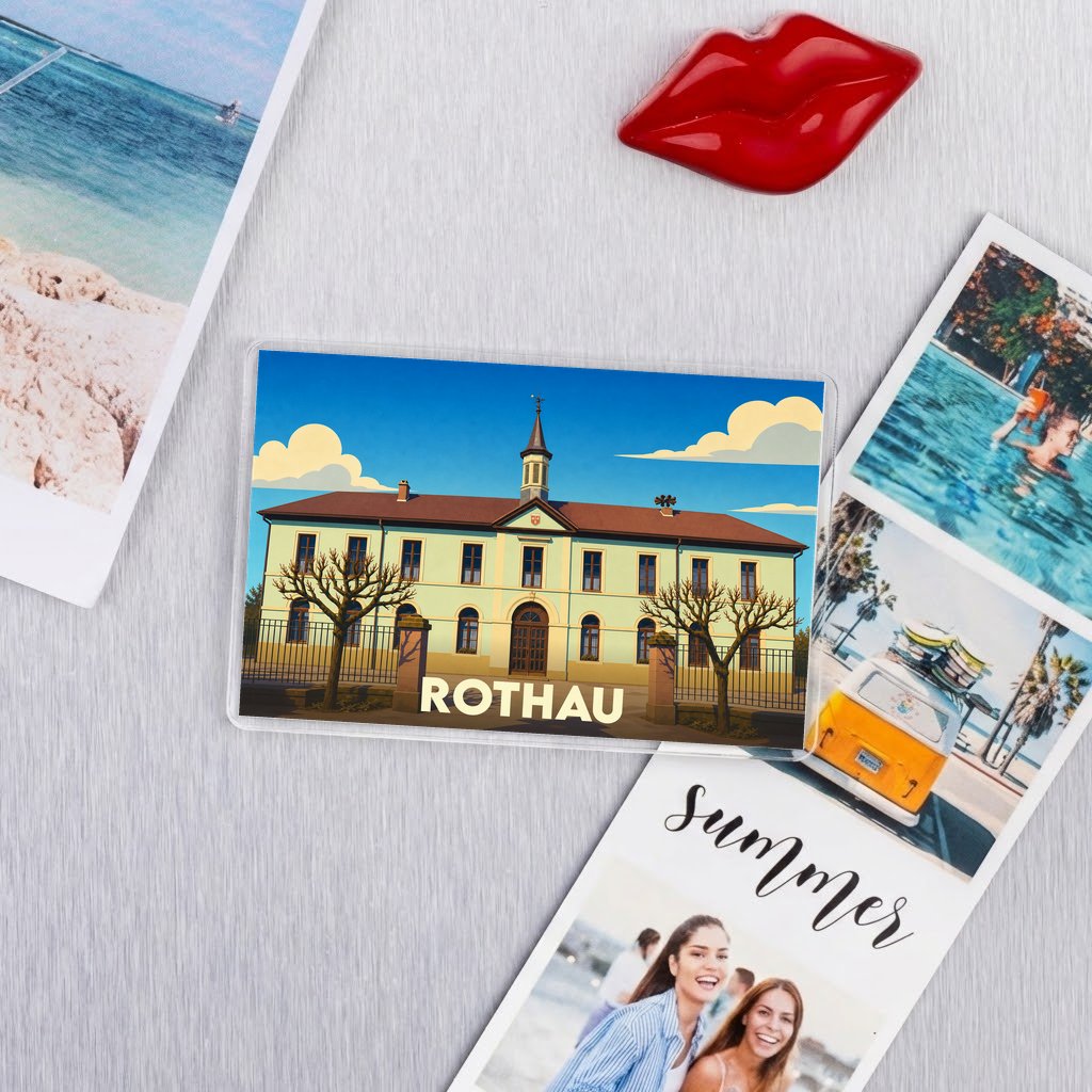 Magnet souvenir de la ville de Rothau avec une illustration stylisée de son hôtel de ville.