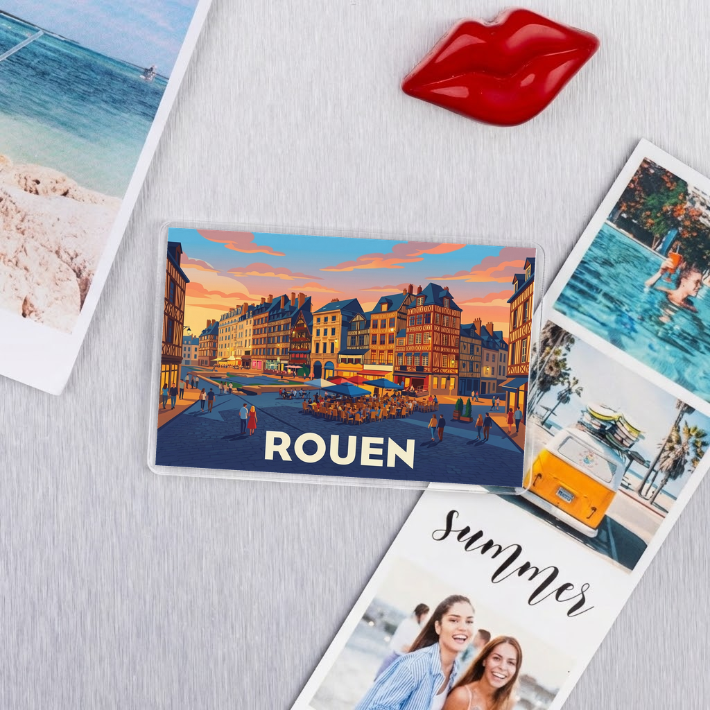 Magnet souvenir de la ville de Rouen avec une illustration stylisée de son architecture.