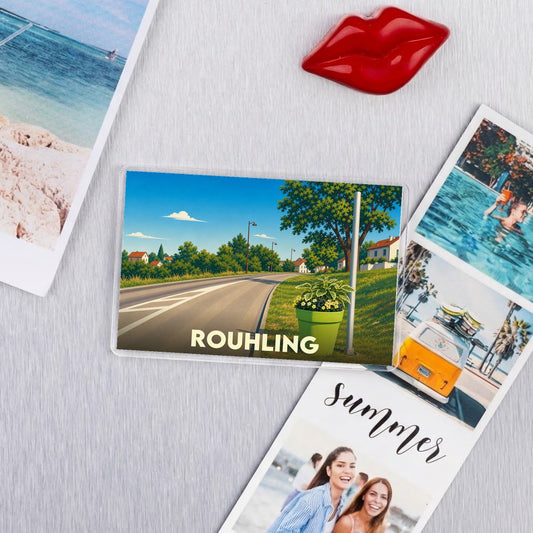 Magnet souvenir de la ville de Rouhling avec une illustration stylisée de ses paysages.