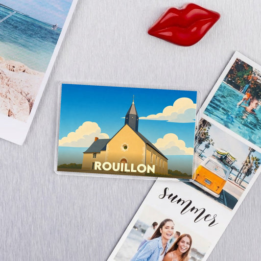 Magnet souvenir de la ville de Rouillon avec une illustration stylisée de son église.