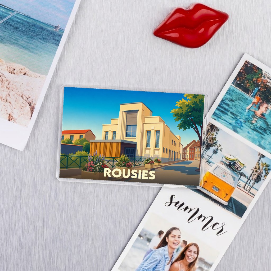 Magnet souvenir de la ville de Rousies avec une illustration stylisée.