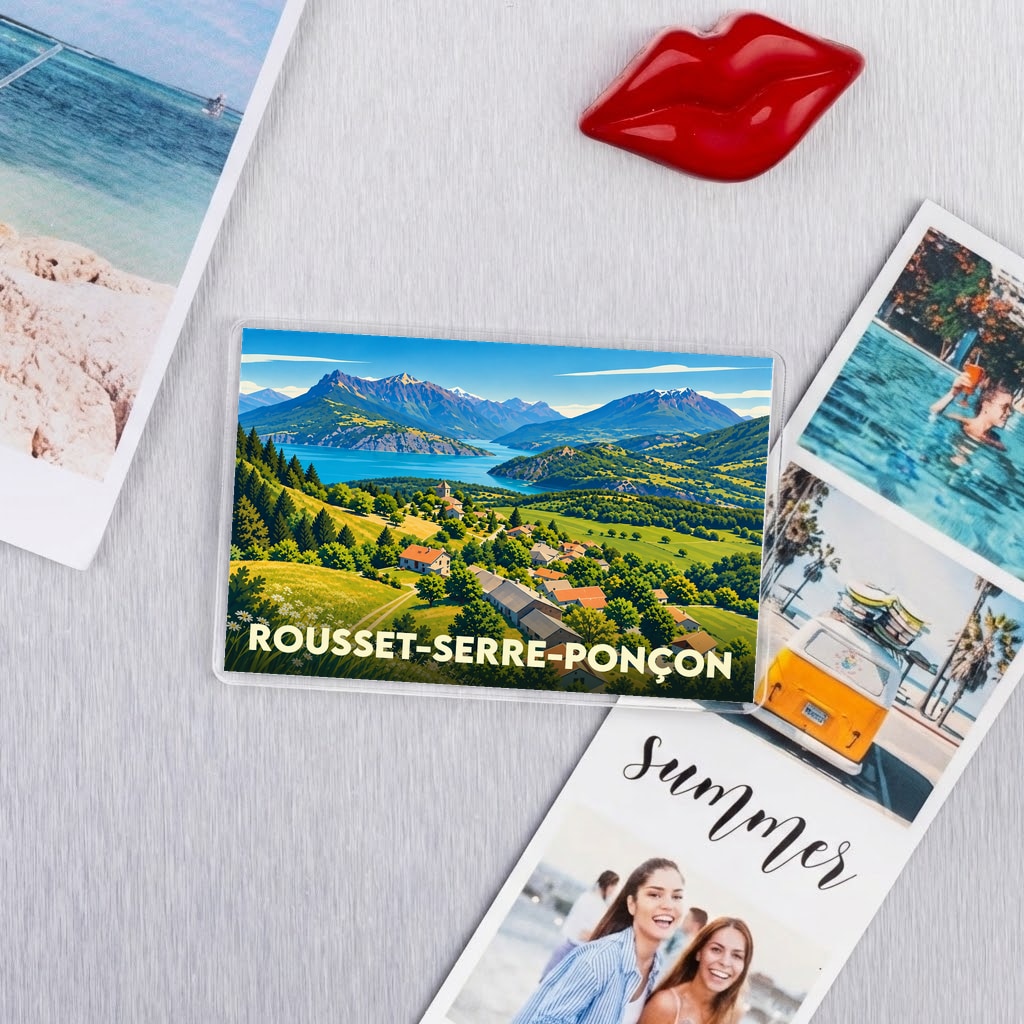 Magnet souvenir de la ville de Rousset-Serre-Ponçon avec une illustration stylisée d'un paysage montagneux.