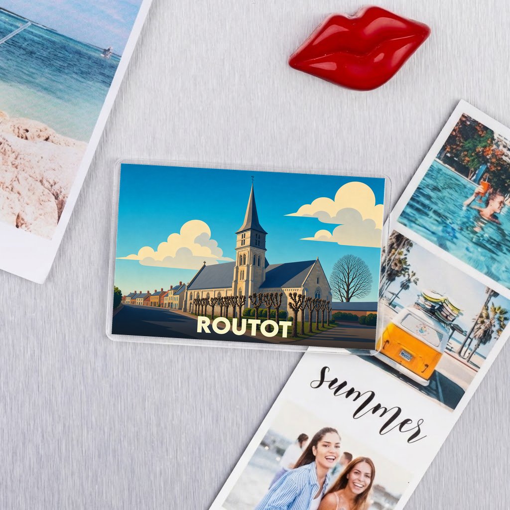 Magnet souvenir de la ville de Routot avec une illustration stylisée de son église.