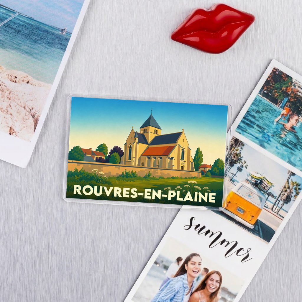 Magnet souvenir de la ville de Rouvres-en-Plaine avec une illustration stylisée de son église.