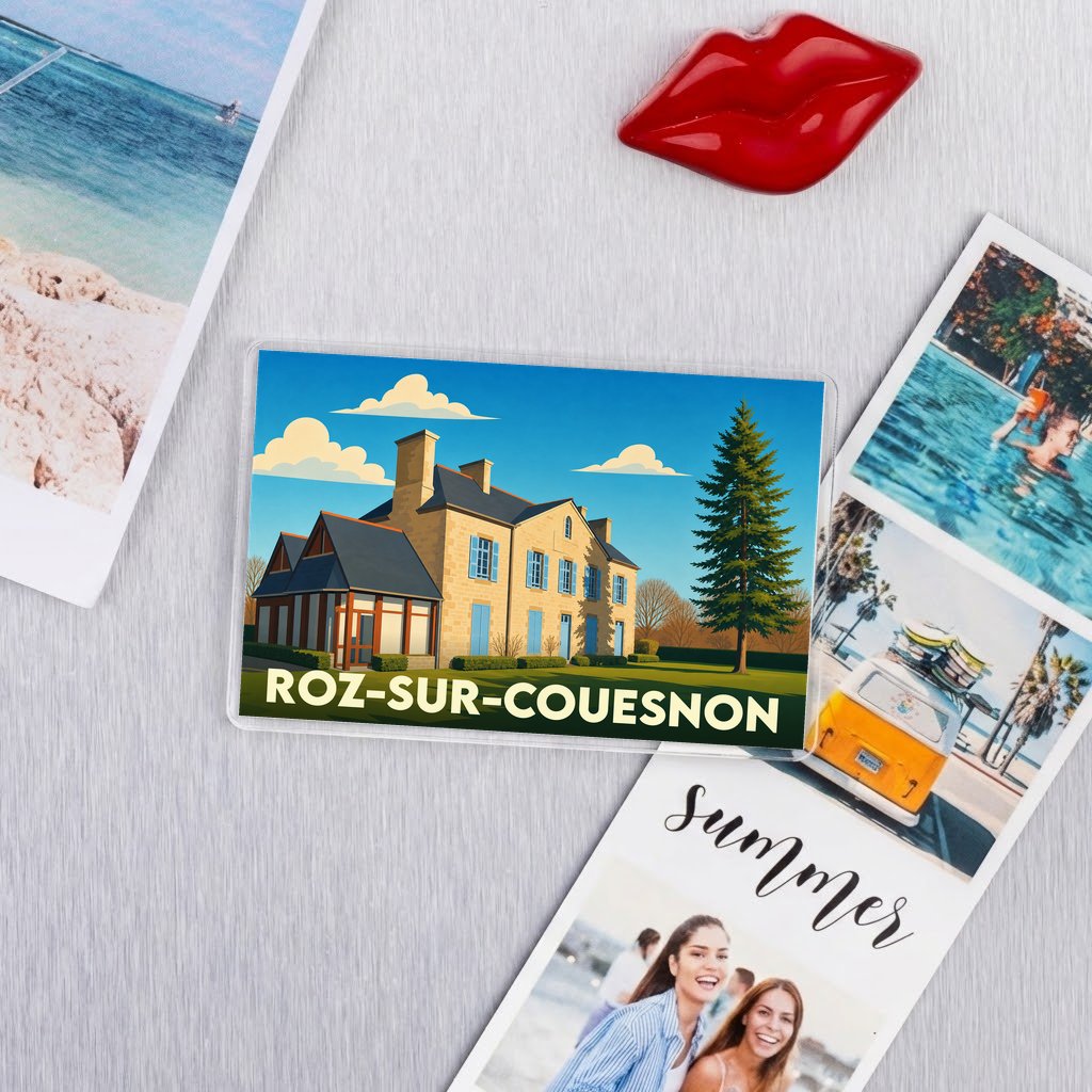 Magnet souvenir de la ville de Roz-sur-Couesnon avec une illustration stylisée d'une grande demeure.