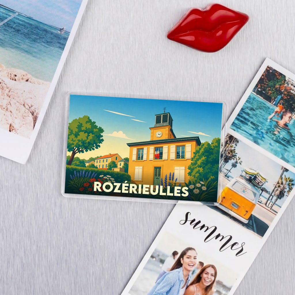 Magnet souvenir de la ville de Rozérieulles avec une illustration stylisée de son hôtel de ville.