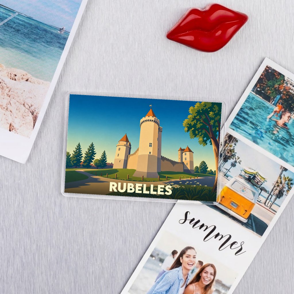 Magnet souvenir de la ville de Rubelles avec une illustration stylisée de son château.