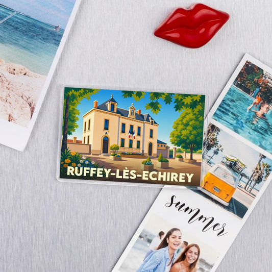 Magnet souvenir de la ville de Ruffey-lès-Echirey avec une illustration stylisée de la mairie.
