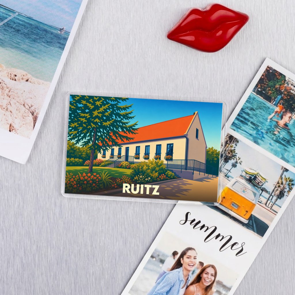 Magnet souvenir de la ville de Ruitz avec une illustration stylisée d'un bâtiment typique.