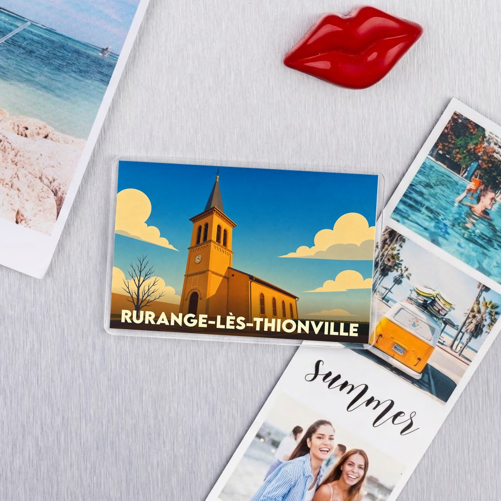 Magnet souvenir de la ville de Rurange-lès-Thionville avec une illustration stylisée d'une église sous un ciel ensoleillé.