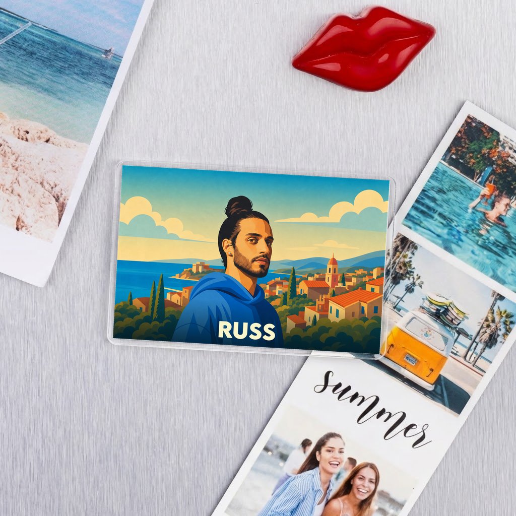 Magnet souvenir de la ville de Russ avec une illustration stylisée.