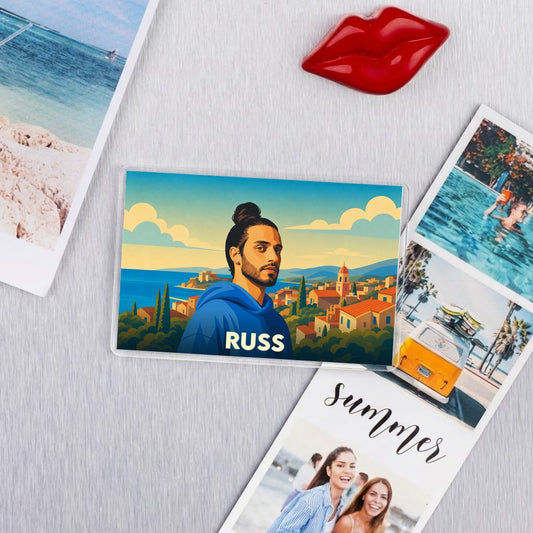 Magnet souvenir de la ville de Russ avec une illustration stylisée.