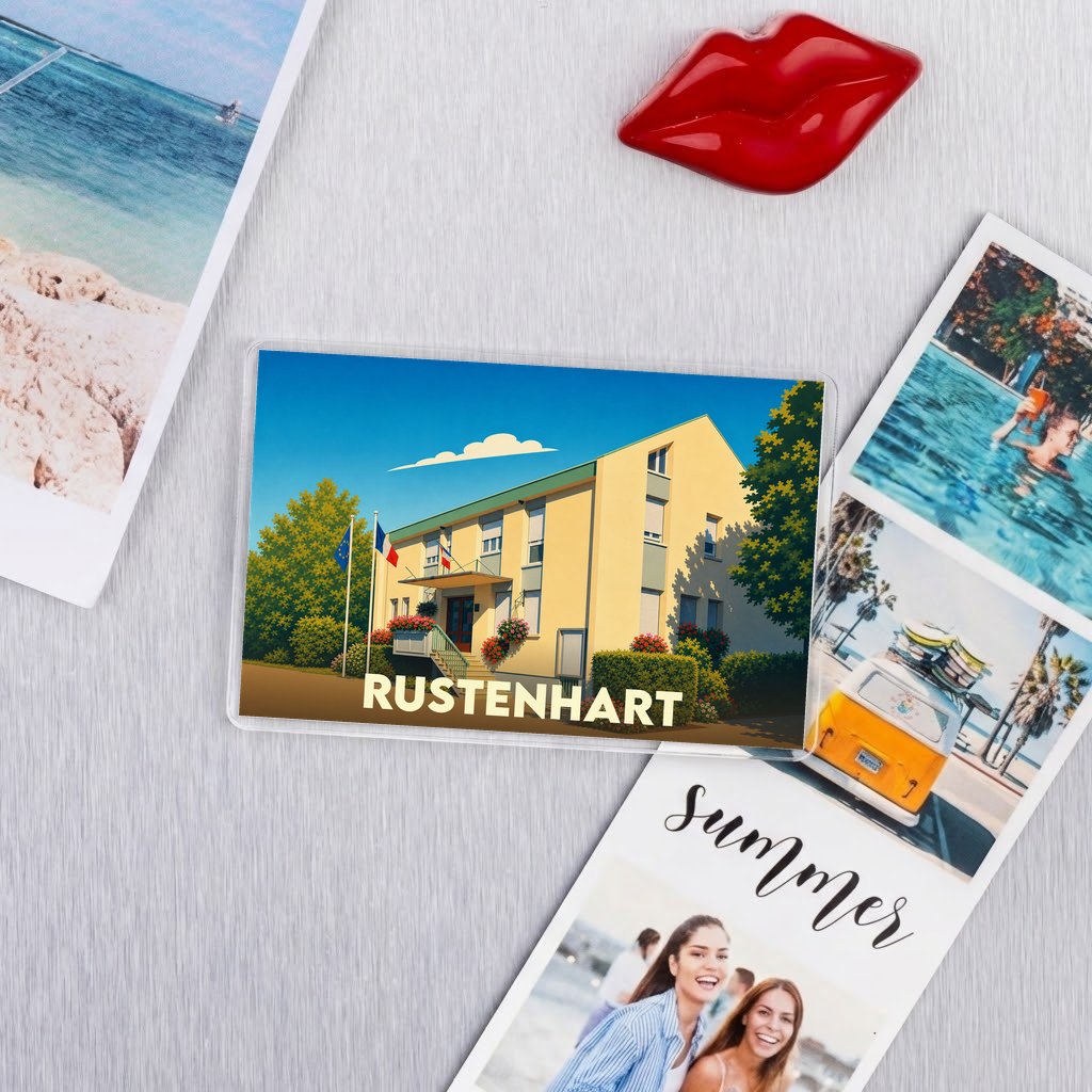 Magnet souvenir de la ville de Rustenhart avec une illustration stylisée.