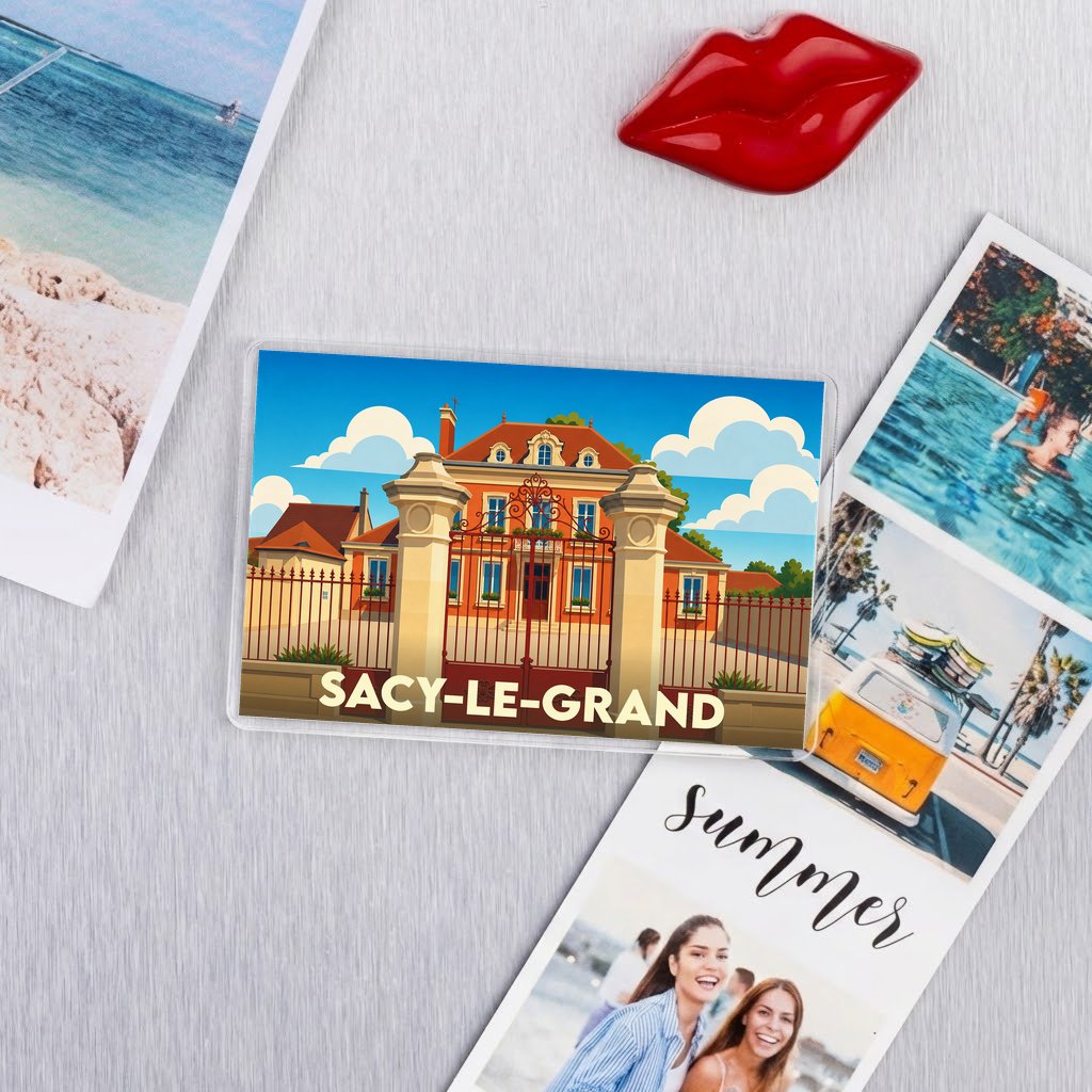 Magnet souvenir de la ville de Sacy-le-Grand avec une illustration stylisée de son château.