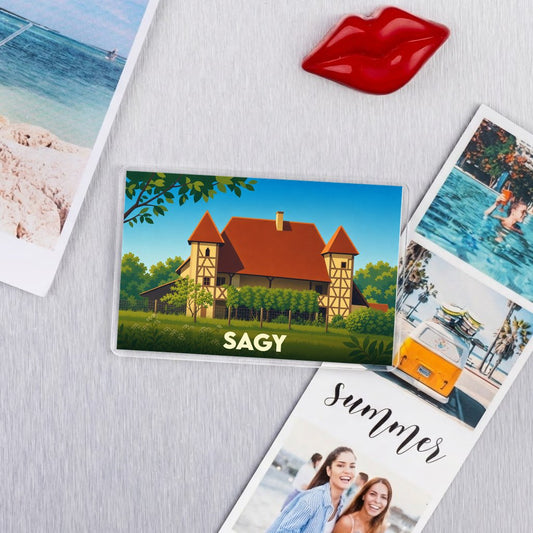 Magnet souvenir de la ville de Sagy avec une illustration stylisée.