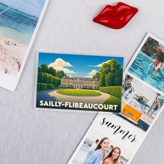 Magnet souvenir de la ville de Sailly-Flibeaucourt avec une illustration stylisée d'un château.