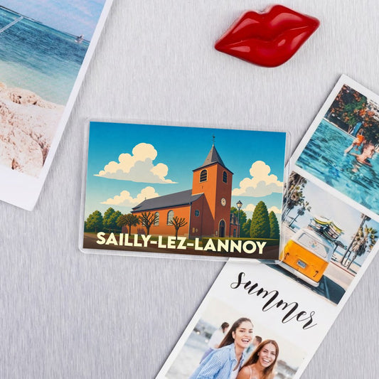 Magnet souvenir de la ville de Sailly-lez-Lannoy avec une illustration stylisée de son église.