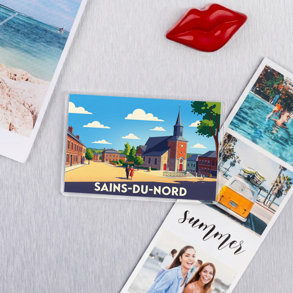 Magnet souvenir de la ville de Sains-du-Nord avec une illustration stylisée.