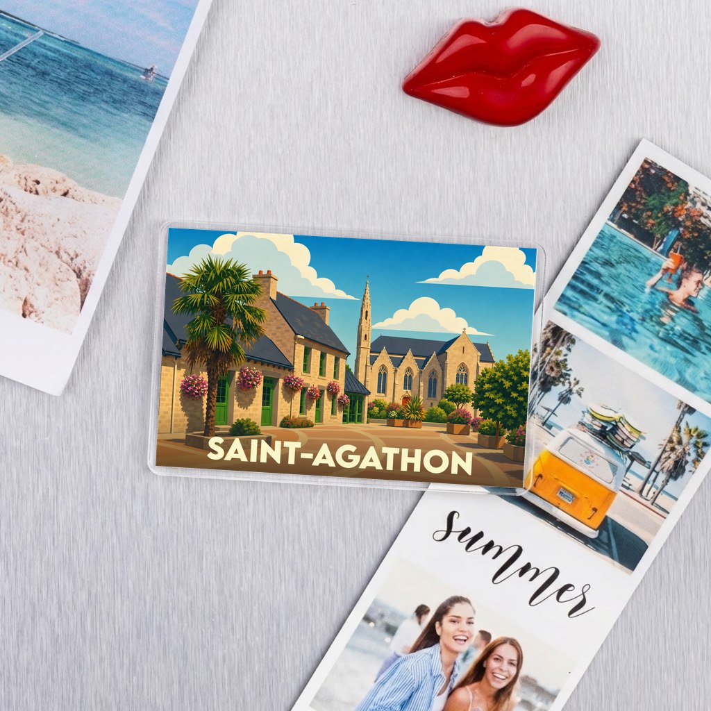 Magnat souvenir de la ville de Saint-Agathon avec une illustration colorée et stylisée.