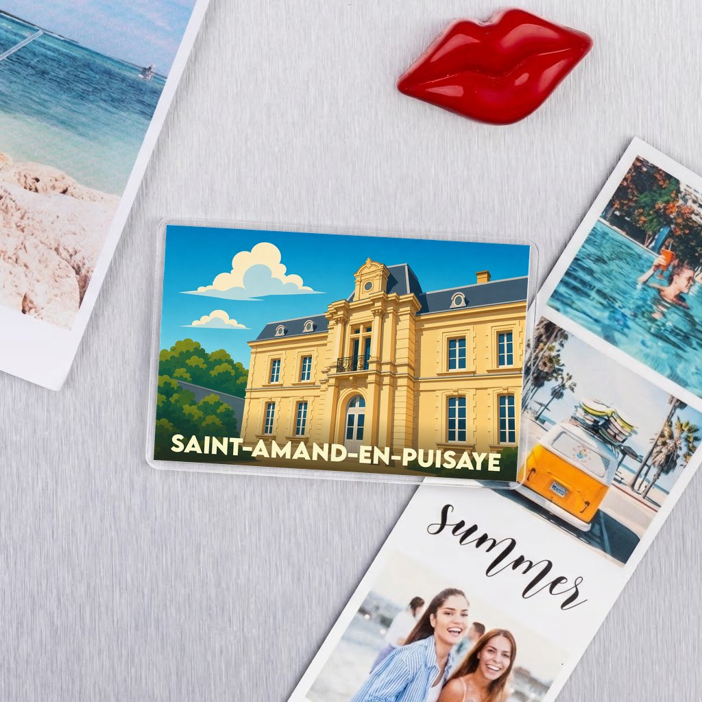 Magnet souvenir de la ville de Saint-Amand-en-Puisaye avec une illustration stylisée de son château.