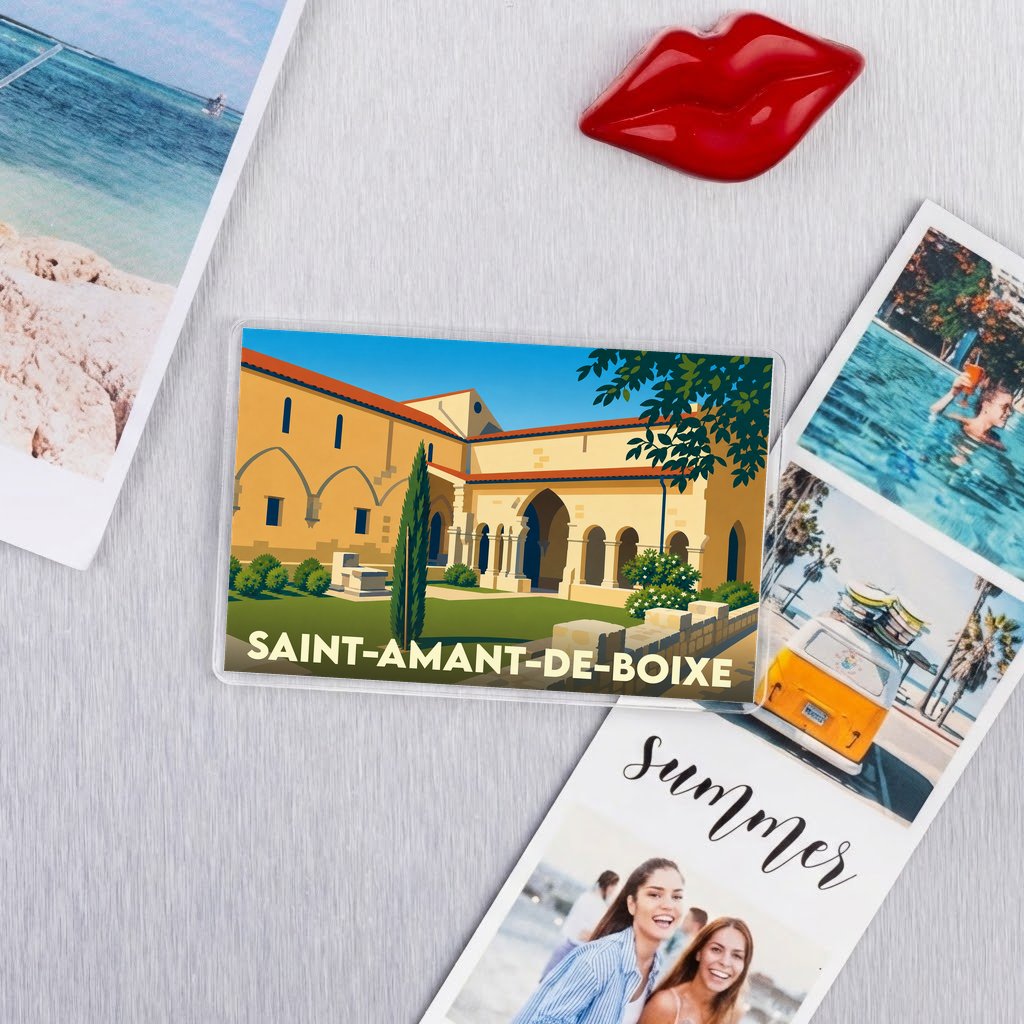 Magnet souvenir de la ville de Saint-Amant-de-Boixe avec une illustration stylisée de son abbaye.